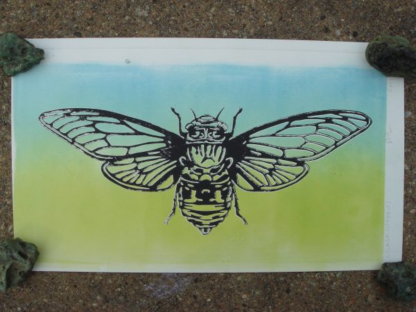 cicada block print over monotype